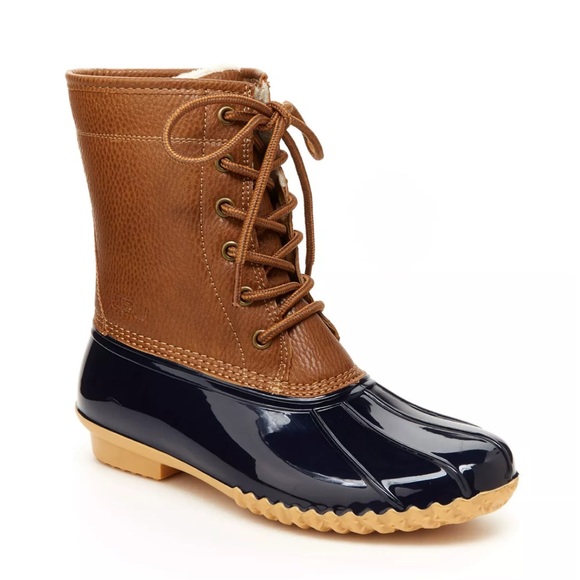 NIB JBU Water-Resistant Faux Leather Lace-Up Duck Boots Navy Blue Brown 8 - Picture 1 of 6